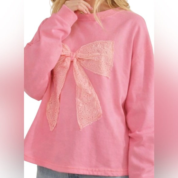 Sage + Fig Tops - Sage + Fig Soft Tie-Dye Wash Eyelet Bow Cotton Oversized Boho Pink Sweatshirt